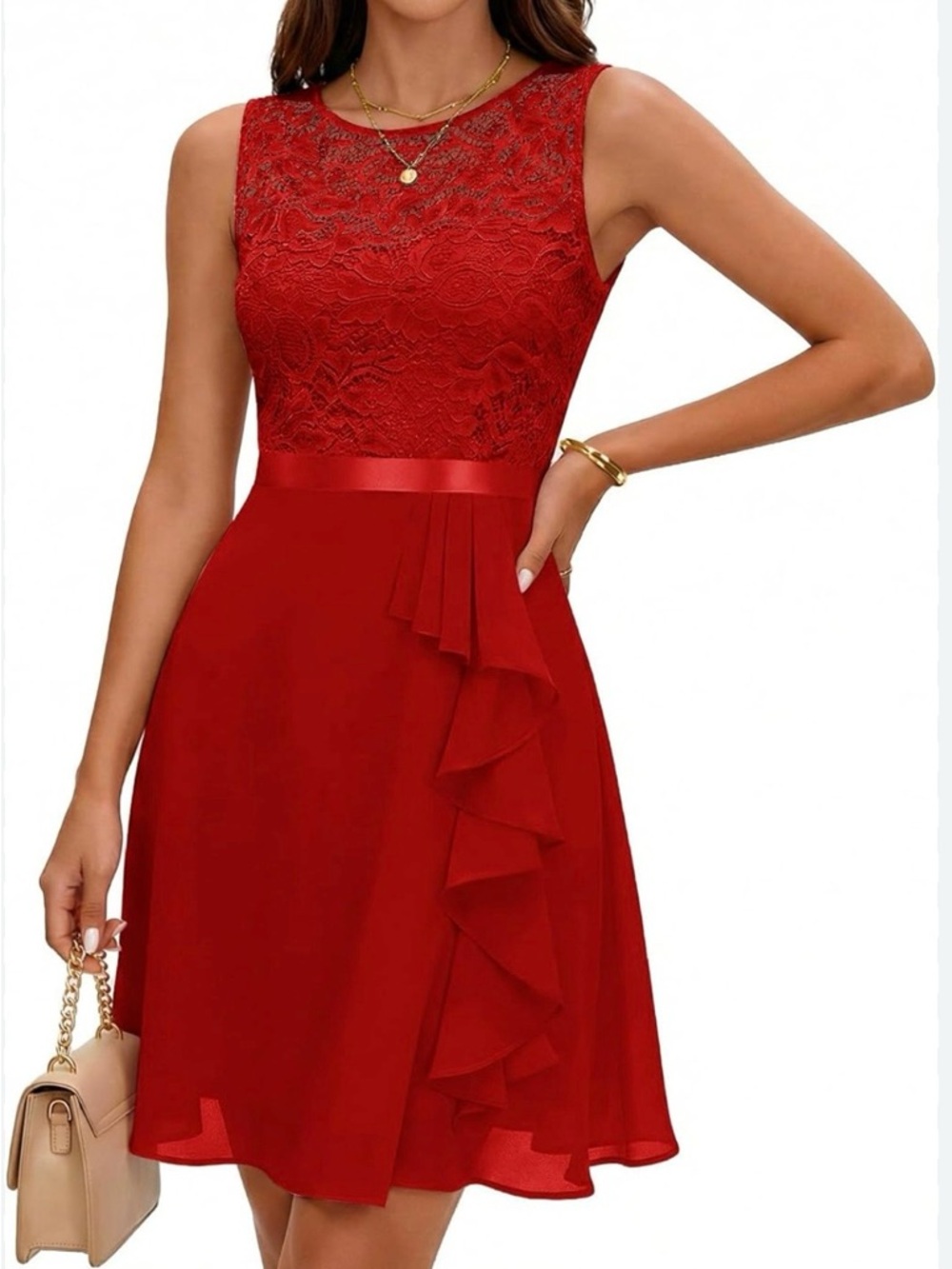 Elegant Red Lace A-Line Dress